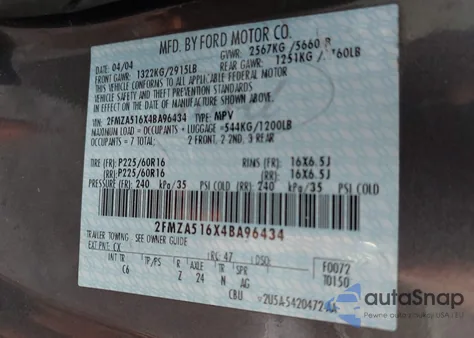 2004 Ford Freestar Se from USA, damaged, VIN 2FMZA516X4BA96434